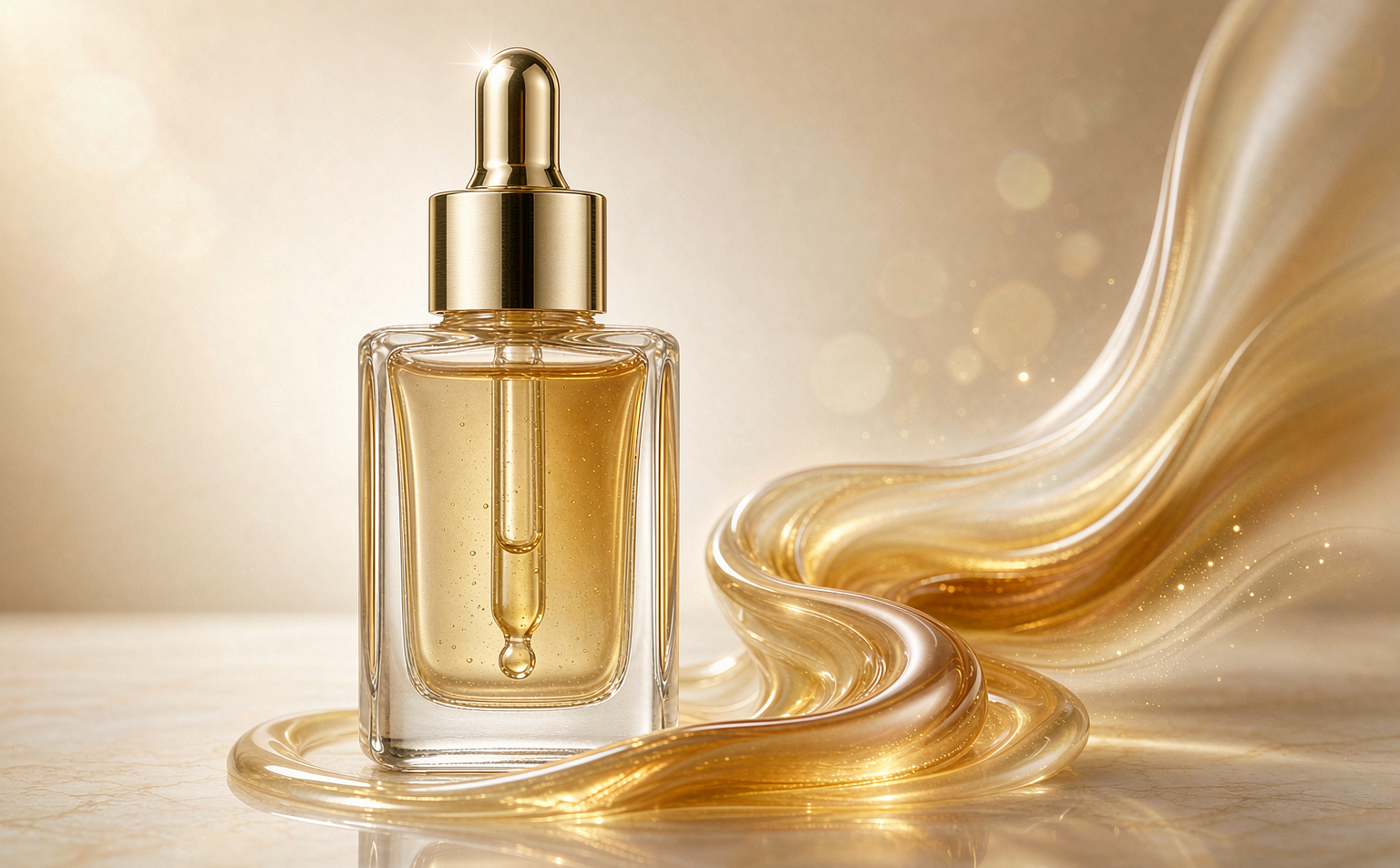 Golden anti-aging serum bottle with silky texture swirl