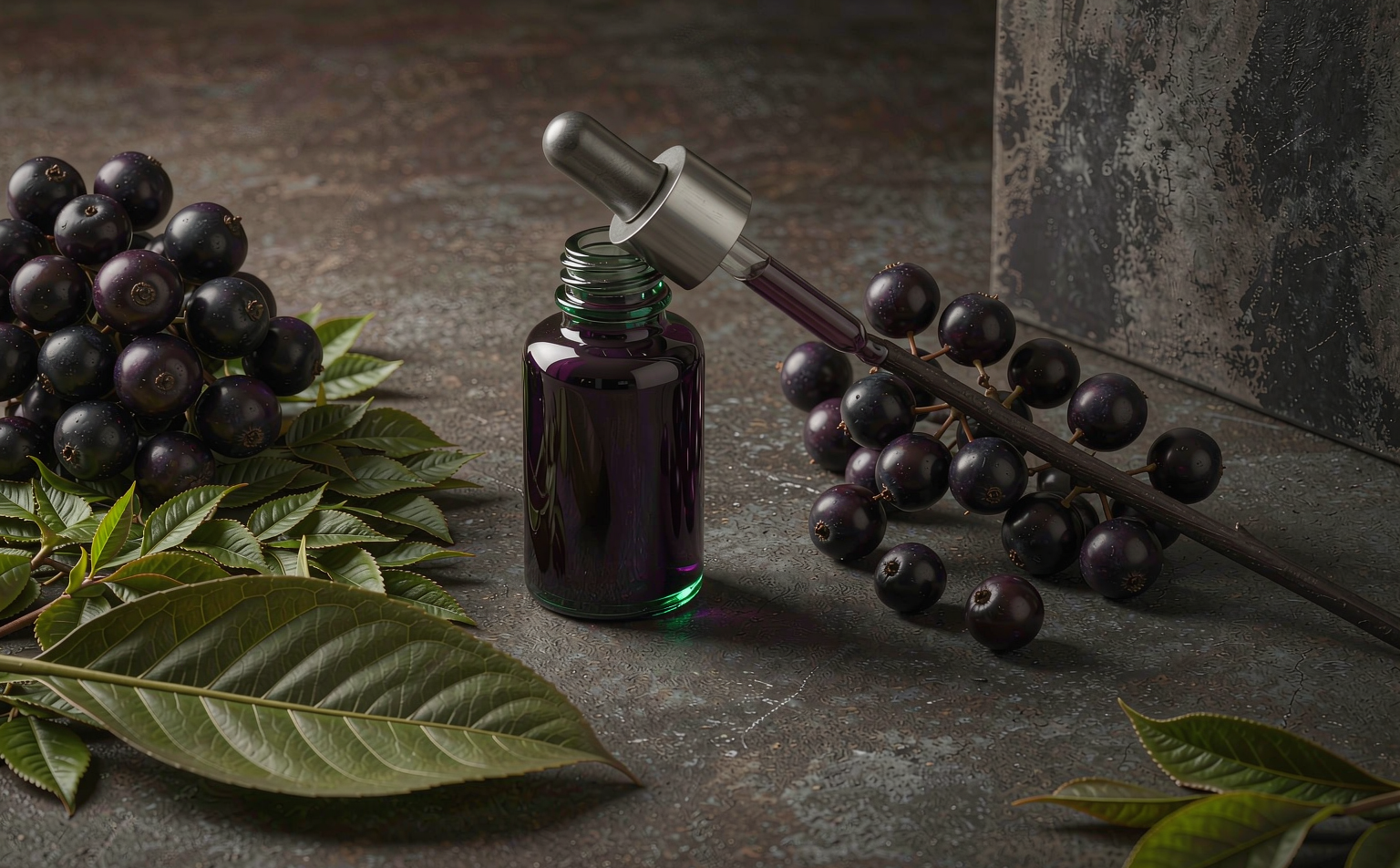 Antioxidant serum with deep purple berries and green tea leaves