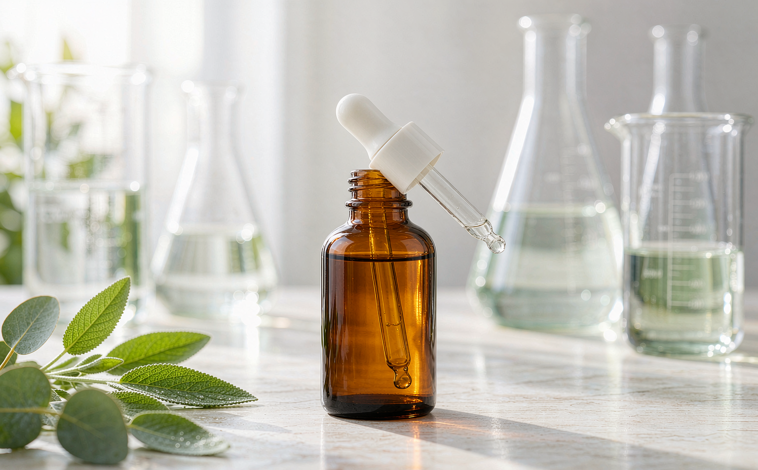 Premium serum bottle with glass dropper on a laboratory table with beakers and botanicals