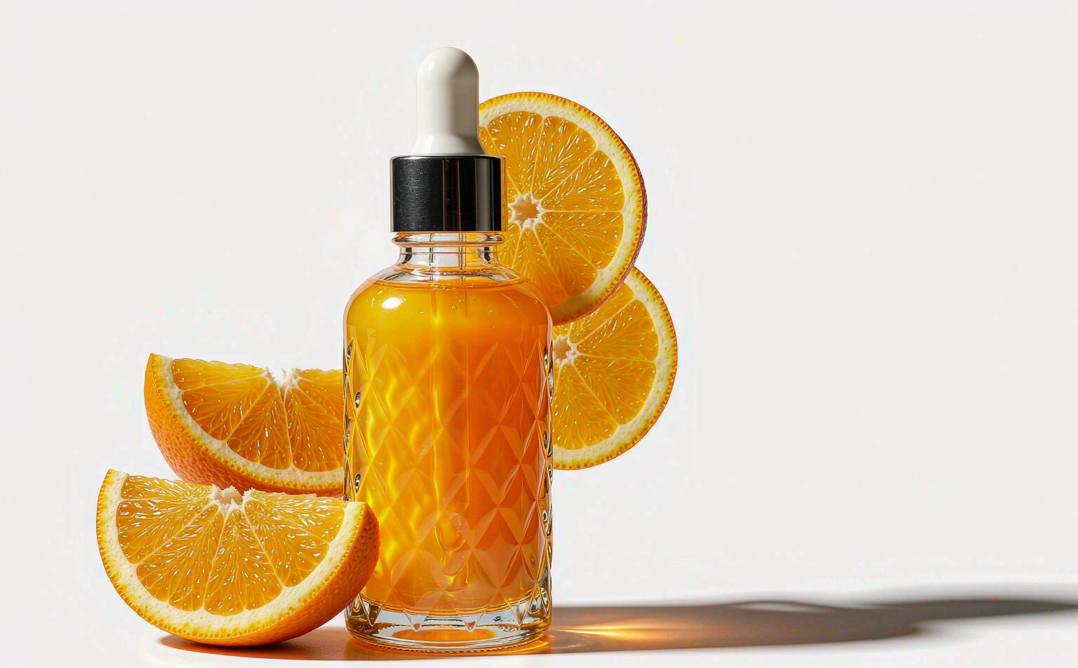 Vitamin C brightening serum in a glass dropper bottle with fresh orange slices